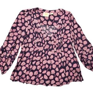 Maeve Anthropologie Top XS Navy Pink Floral Pintuck Pleated Blouse BOHO Peasant‎